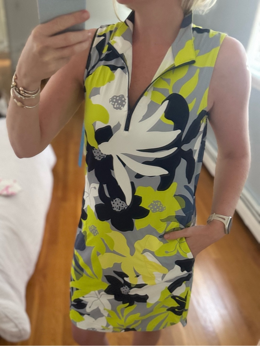 Tribal UPF50+ Sun Protectant- Quarter-Zip Dress in Lime, Navy and White